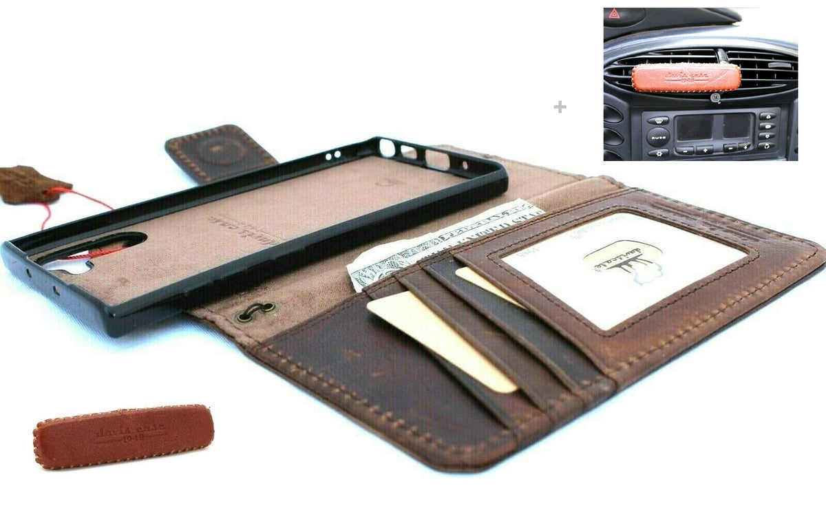 Genuine dark soft leather Samsung Galaxy Note 10 case with ID window, slim stand, magnetic car holder, handmade by DAVISCASE.