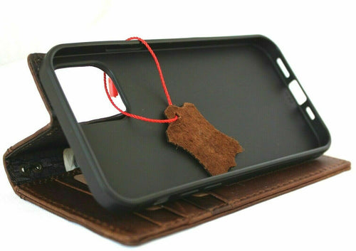 Genuine dark leather Apple iPhone 11 Pro case by DAVISCASE, vintage wallet style with credit card slots and slim design.