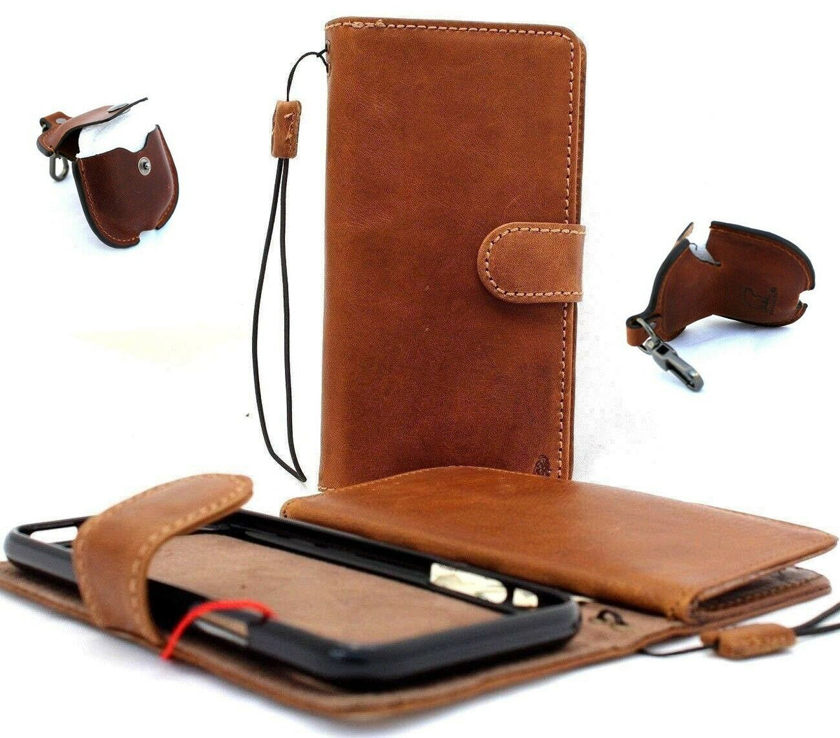 Genuine soft leather iPhone X case by DAVISCASE with wallet, credit holder, magnetic closure, and detachable AirPods 2 case.