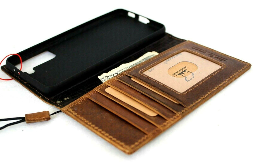 Genuine tan leather wallet case for Samsung Galaxy S21 Plus 5G by DAVISCASE with card slots, ID holder, and wireless charging compatibility.
