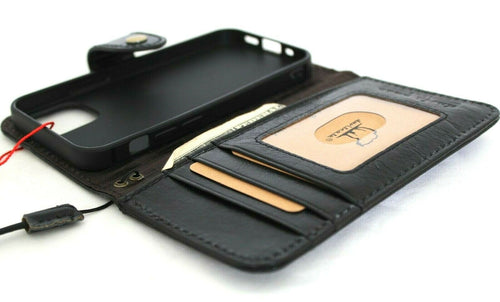 Black genuine full leather iPhone 12 Mini book wallet case with vintage design, credit card slots, soft closure, by DAVISCASE.