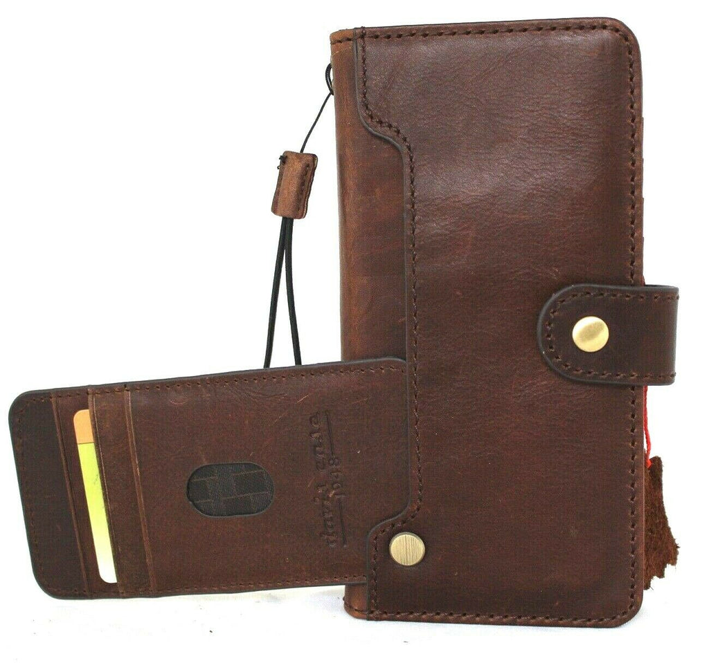 Dark brown genuine top grain leather Samsung Galaxy S21 Ultra 5G case with wallet design, handmade, with rubber holder and wireless charging cutout.