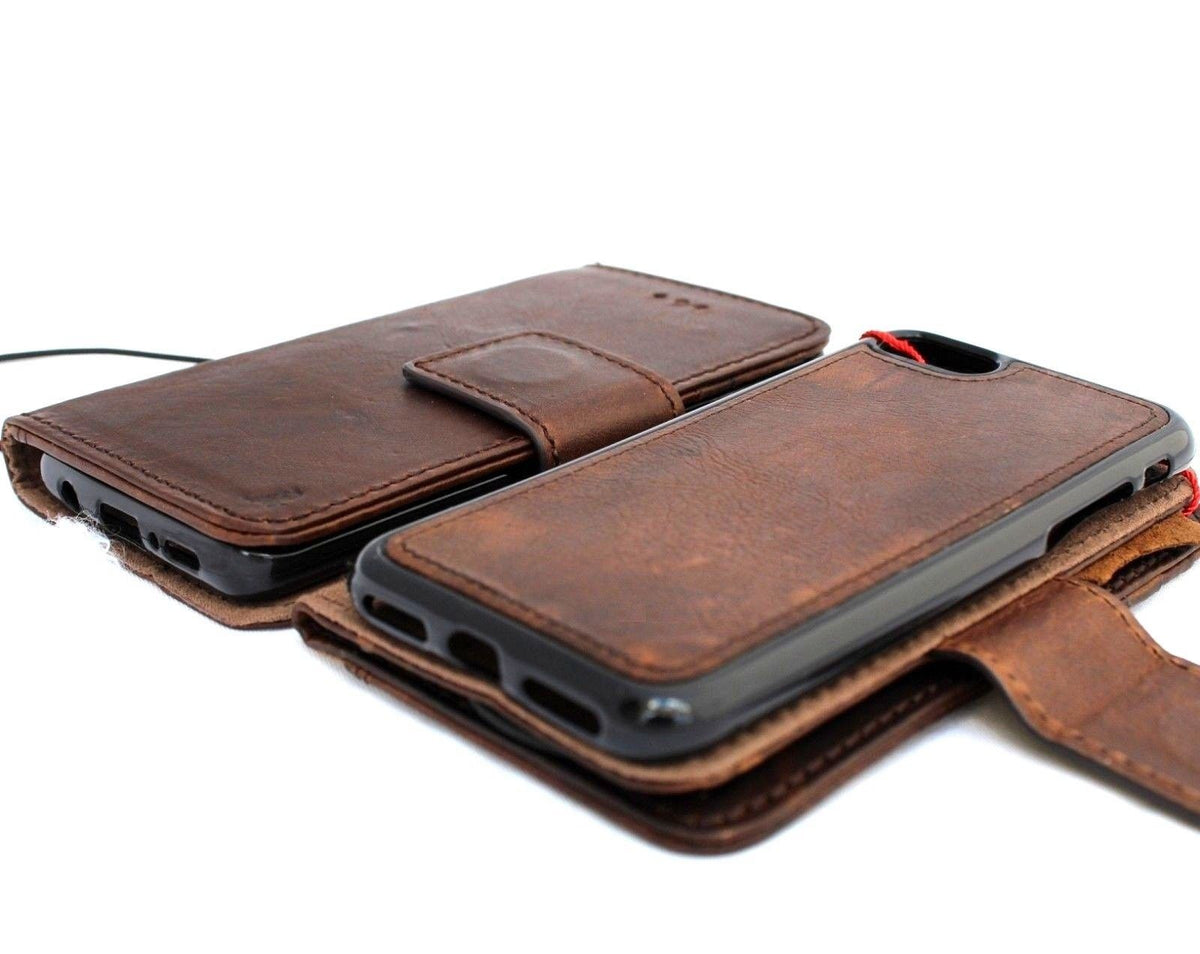 Genuine dark soft leather iPhone SE 2 case with wallet-style cover, card slots, magnetic closure, slim Davis Classic design.