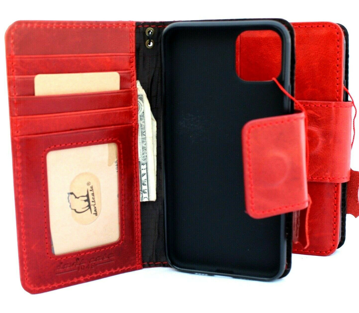 Handmade red leather phone case for Apple iPhone 11 Pro Max by DAVISCASE, flip wallet with magnetic closure and credit card slots.