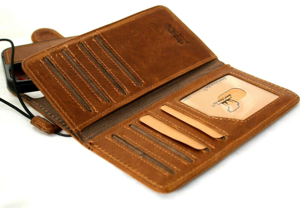 Genuine soft leather Apple iPhone 13 Pro Max case by DAVISCASE with vintage tan style, credit card slots, mini window, and magnetic cover.
