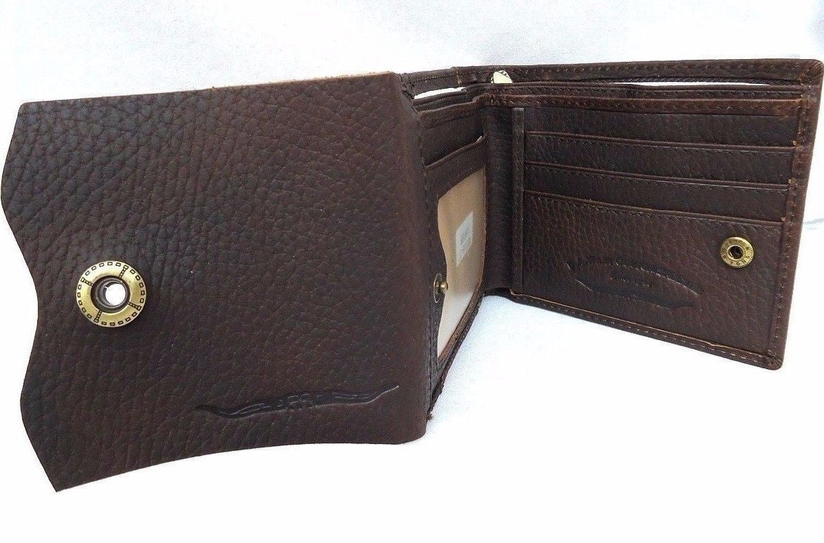 Men's brown leather wallet with 3 card slots, 1 ID window, and 3 bill compartments, crafted from soft natural leather.