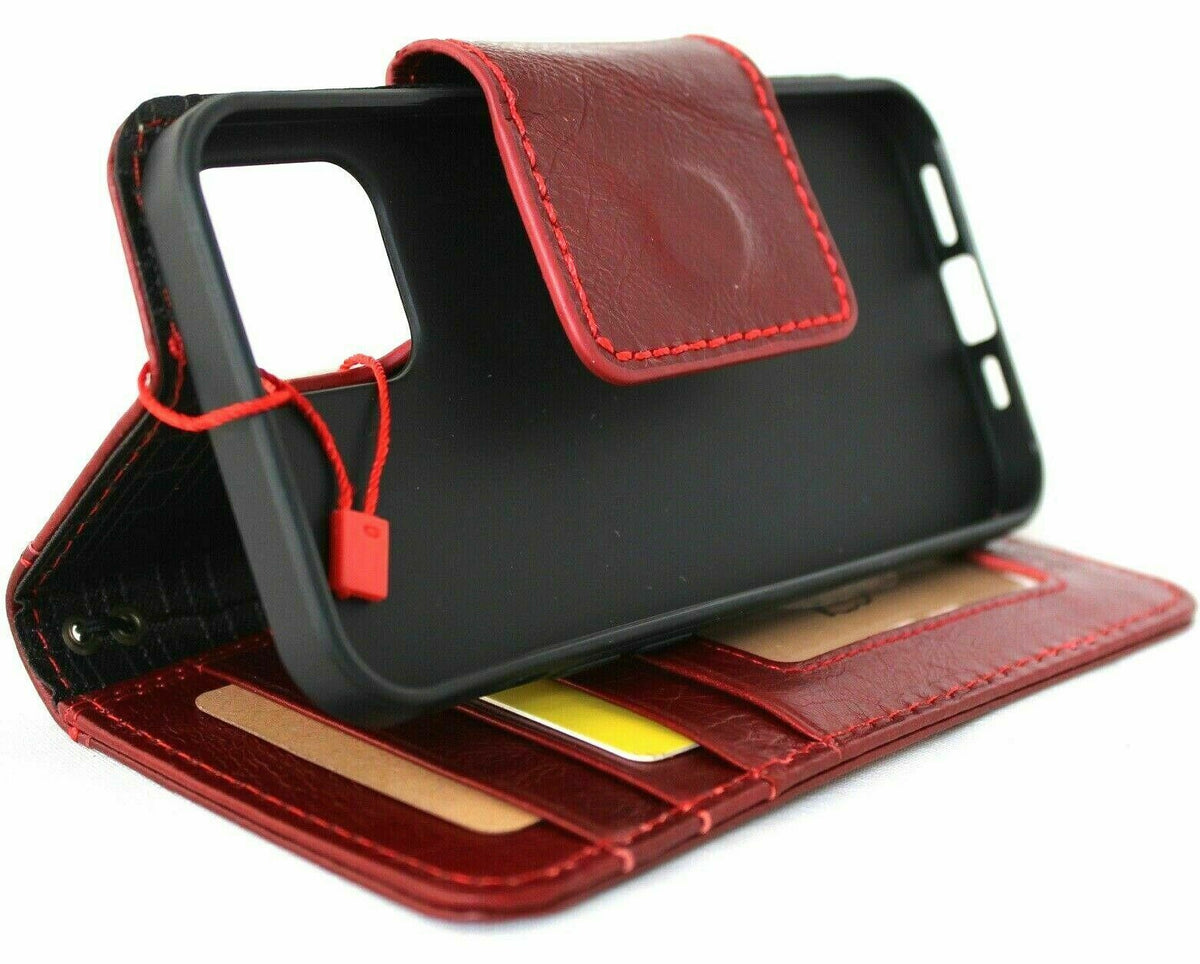 Genuine red leather iPhone 12 Pro case by DAVISCASE with vintage-style book wallet design, soft closure, and credit card slots.