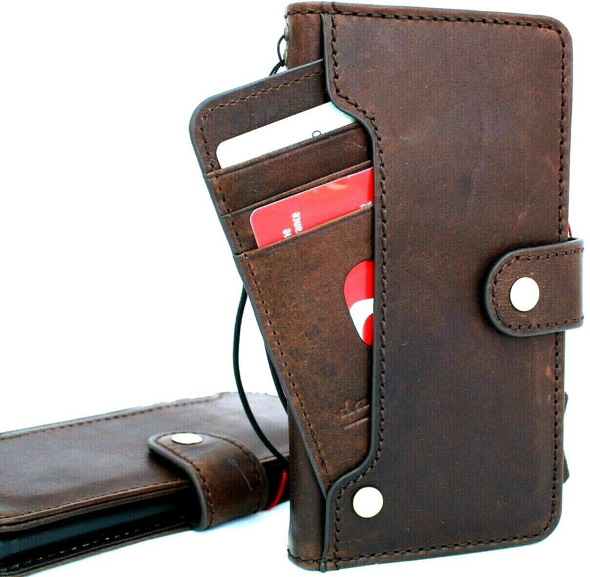 Genuine leather Samsung Galaxy Note 10 wallet case with card slots, button closure, flip design, and wireless charging compatibility.