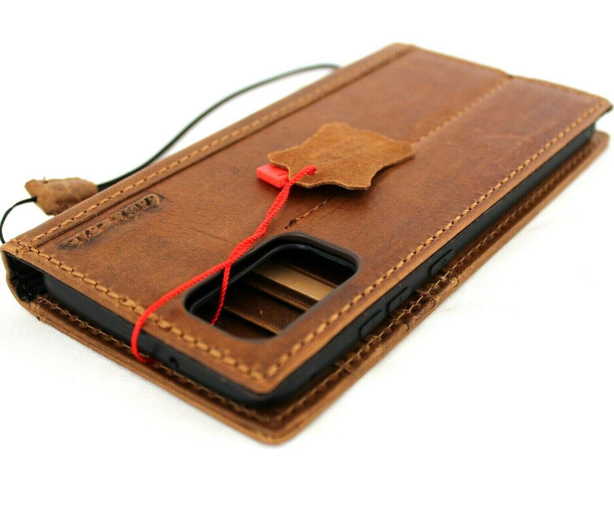 Genuine tan leather Samsung Galaxy S20 Plus wallet case with card slots, ID holder, and wireless charging compatibility by DAVISCASE