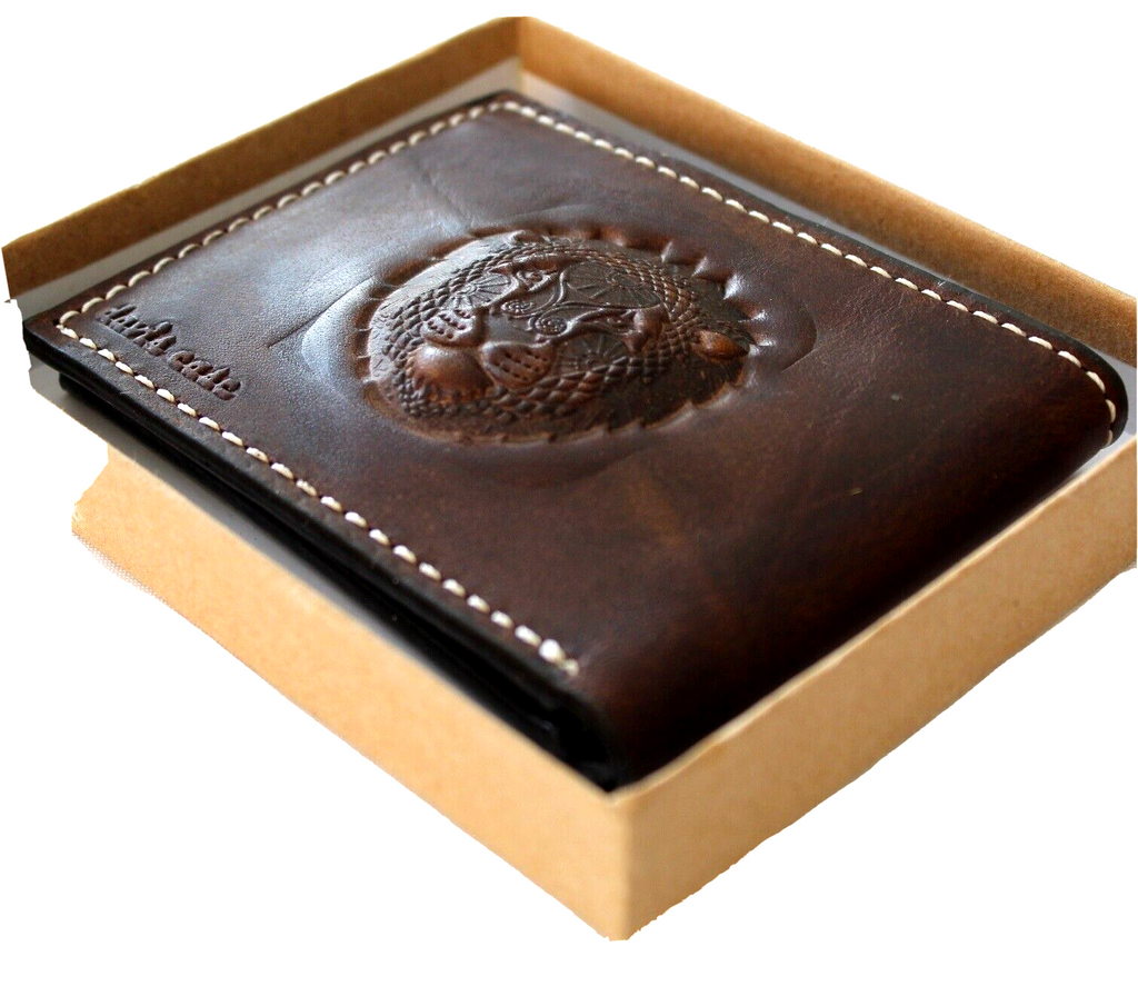 Men's genuine leather wallet by DavisCase with credit card slots and bill compartment in brown, featuring lion and tiger embossed design.