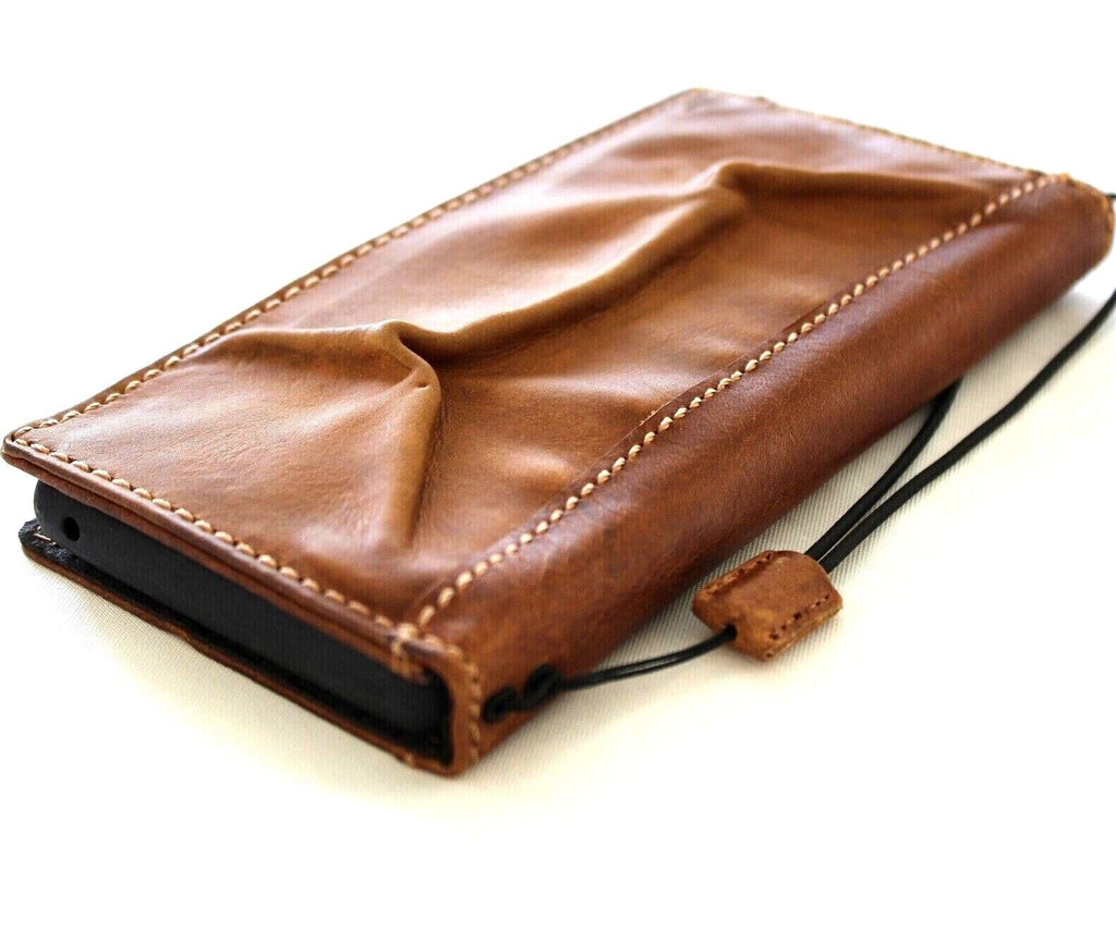 Handmade genuine leather phone case for iPhone 11-16 Pro Max, 7-8 Plus, in tan with vintage style, credit card slots, and full grain leather.