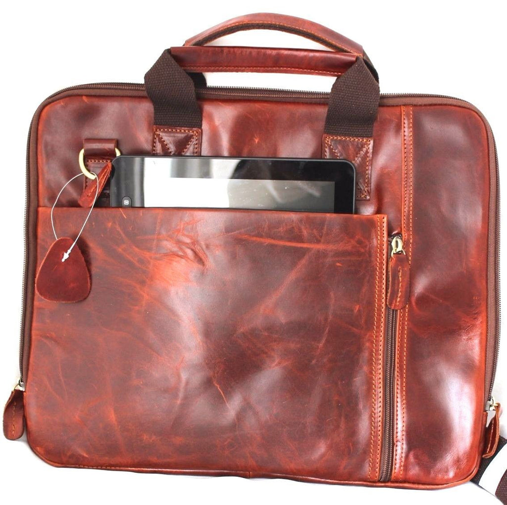 Brown genuine leather men's shoulder bag by DAVISCASE, featuring a messenger style with a crossbody design for business and laptop use.