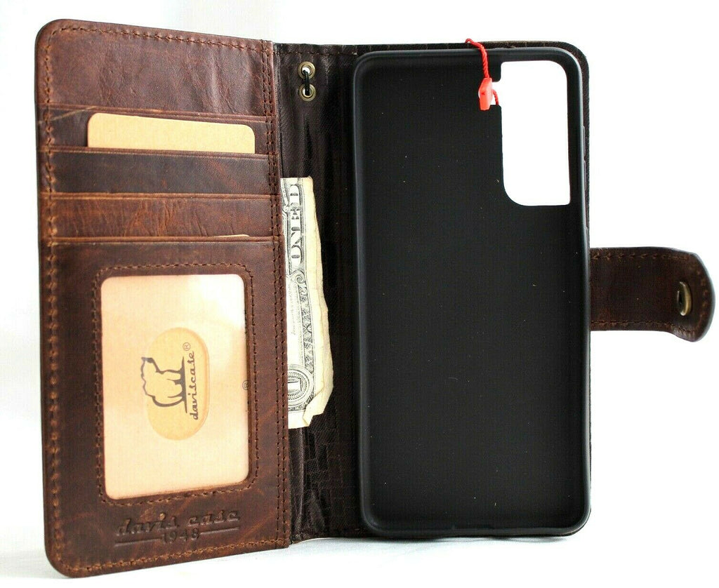 Handmade dark brown Italian leather wallet case for Samsung Galaxy S21 by DavisCase, with rubber holder and wireless charging compatibility.