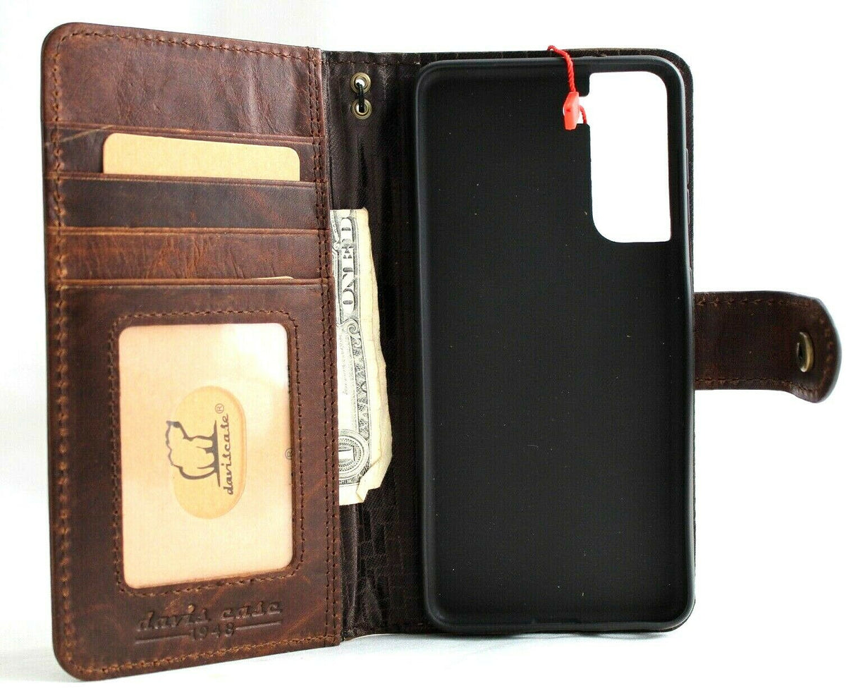 Handmade dark brown Italian leather wallet case for Samsung Galaxy S21 by DavisCase, with rubber holder and wireless charging compatibility.