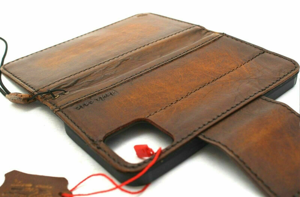 DavisCase genuine leather phone wallet case for iPhone models, vintage style with ID window, credit card slots, and full grain leather finish.