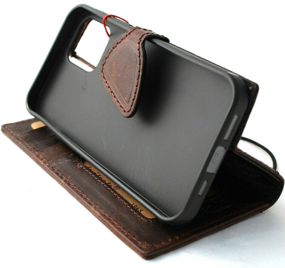 Handmade genuine soft leather wallet case for Apple iPhone 12 Pro with ID window, credit card slots, magnetic closure, vintage design by DAVISCASE.