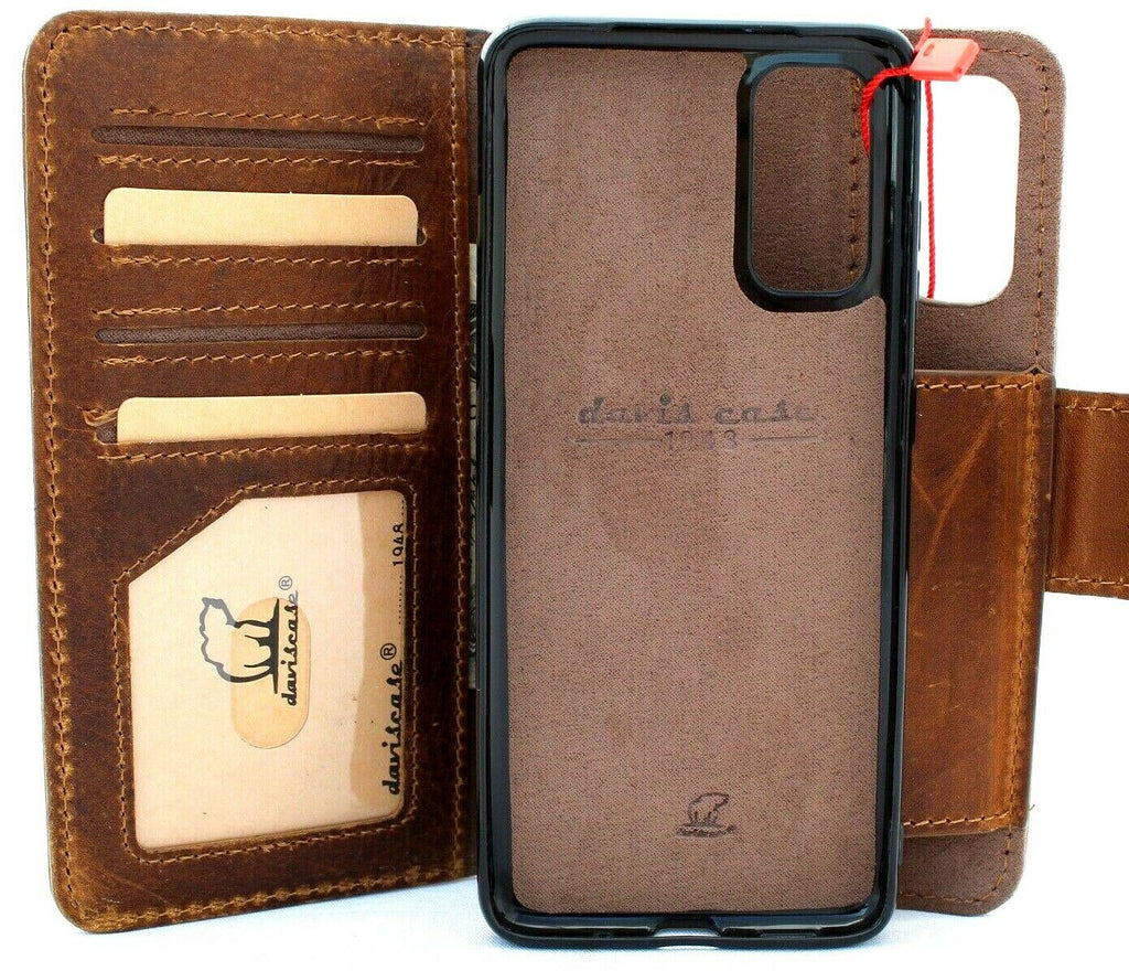 Genuine DavisCase full leather wallet case for Samsung Galaxy S20 with soft tan finish, removable slots, and rubber holder.