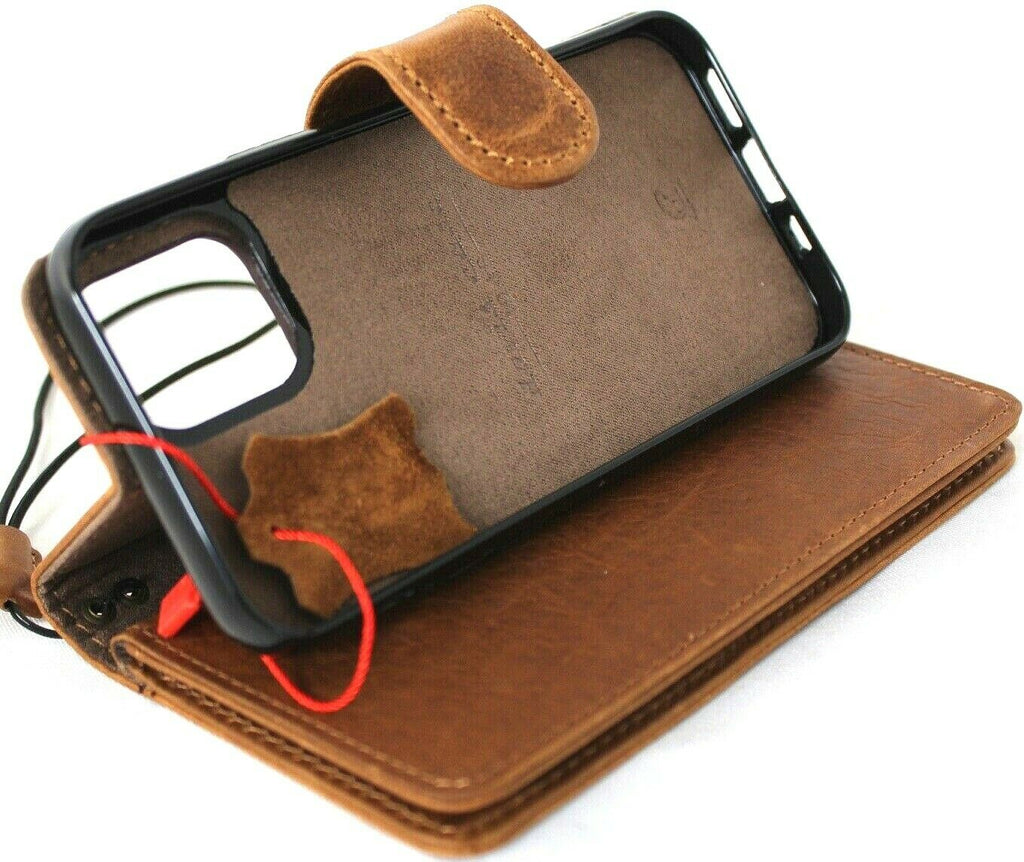 Vintage tan leather case for Apple iPhone 13 Pro Max, DavisCase handmade wallet with ID window, card slots, and magnetic cover.