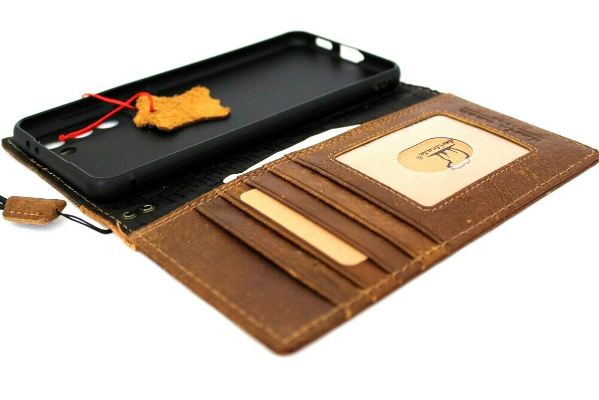 Genuine soft leather Samsung Galaxy S21 Plus 5G case with wallet design, cards slot, ID window, tan suede style, wireless charging compatible.