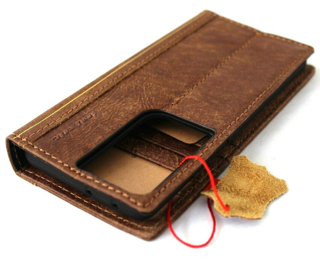 DavisCase genuine leather wallet case for Samsung Galaxy S21 Ultra 5G with card slots, window, and wireless charging cutout in tan leather