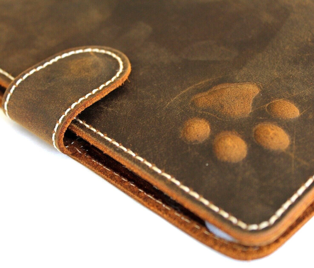Genuine leather iPad Mini 4-6 case by DAVISCASE with card slots, dog paw design, vintage lion and bear accents, handmade craftsmanship