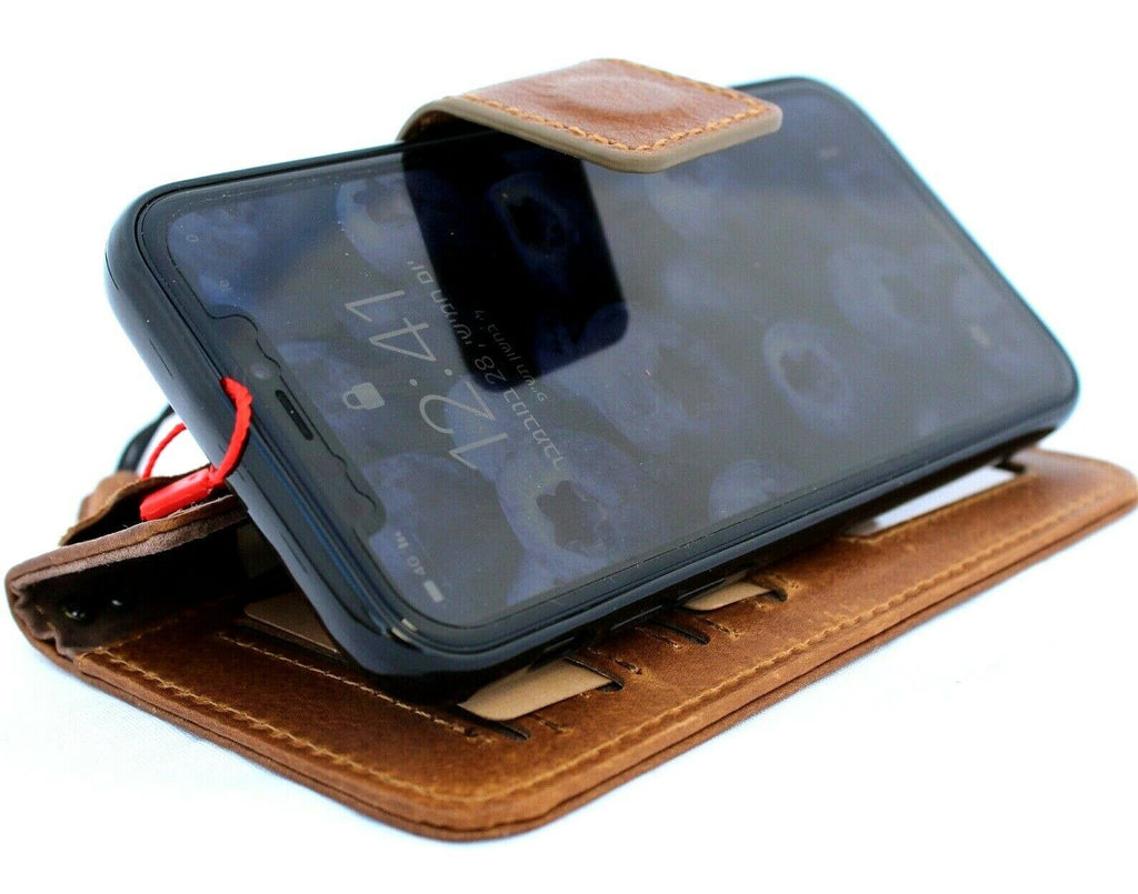 Handcrafted genuine full tanned leather iPhone 11 Pro Max case with wallet features, credit card slots, ID window, and soft wireless charging.