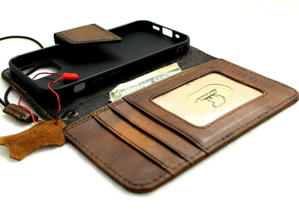 Handmade genuine leather iPhone 13 Mini wallet case by DAVISCASE with vintage design, magnetic closure, slim soft cover, and card slots.