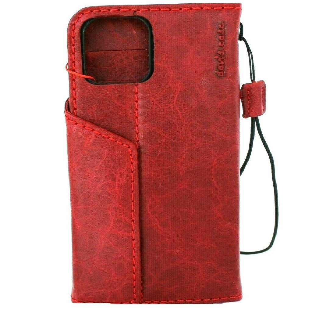 Handmade genuine red leather wallet case for iPhone 11 Pro Max with credit card slots, rubber strap, and wireless charging compatibility.