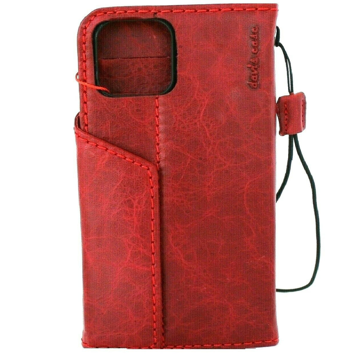 Handmade genuine red leather wallet case for iPhone 11 Pro Max with credit card slots, rubber strap, and wireless charging compatibility.