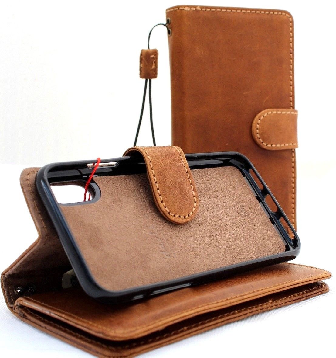 Tan genuine leather iPhone XR case with wallet credit holder, magnetic detachable luxury cover by DAVISCASE.