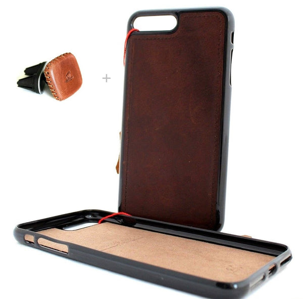 Genuine Dark Leather case for iPhone 8 and 7 Cover Wallet Slim Holder Book Luxury Retro + Magnetic Car Mount Davis