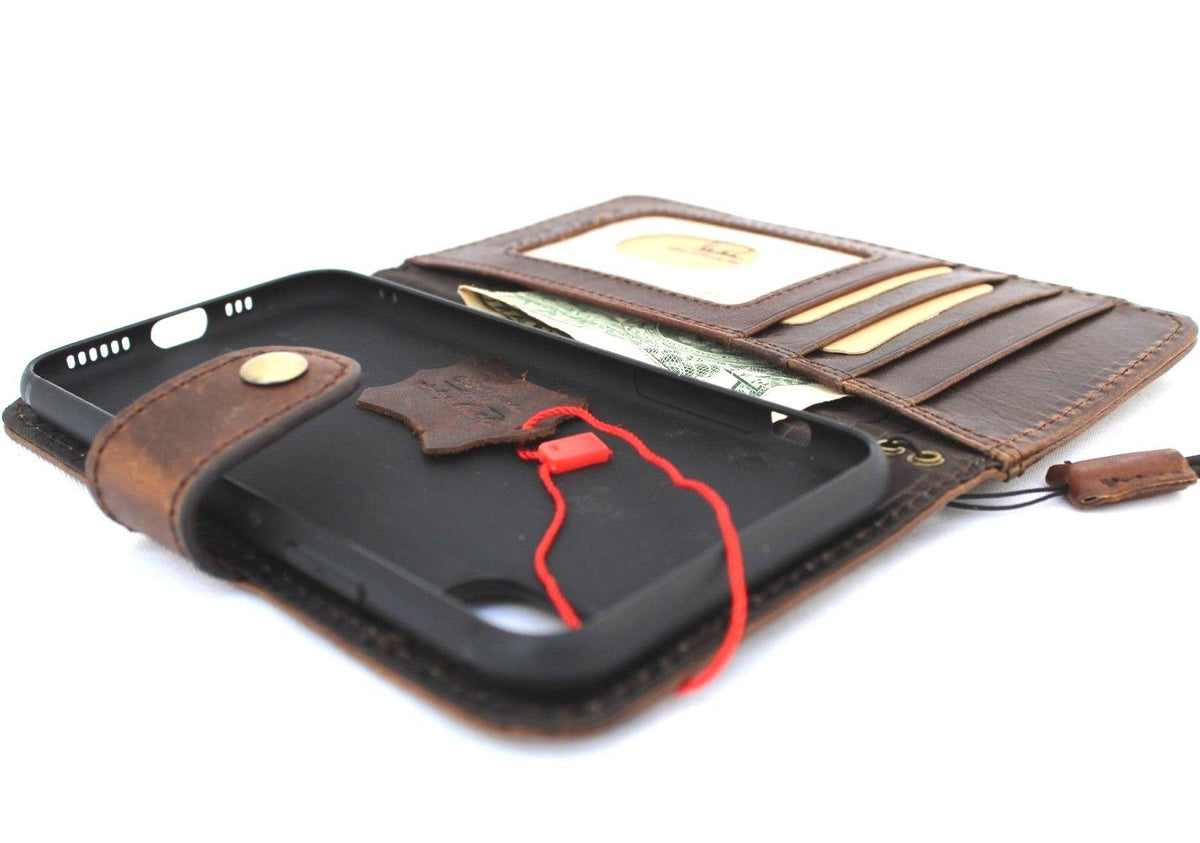Genuine leather iPhone XS case cover with vintage wallet design, handmade strap, wireless closure, and credit card slots by DAVISCASE