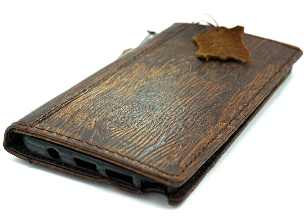 DavisCase genuine leather phone case for iPhone 11-15 Pro Max, handmade vintage-style wallet cover with credit card slots and shark wood accents