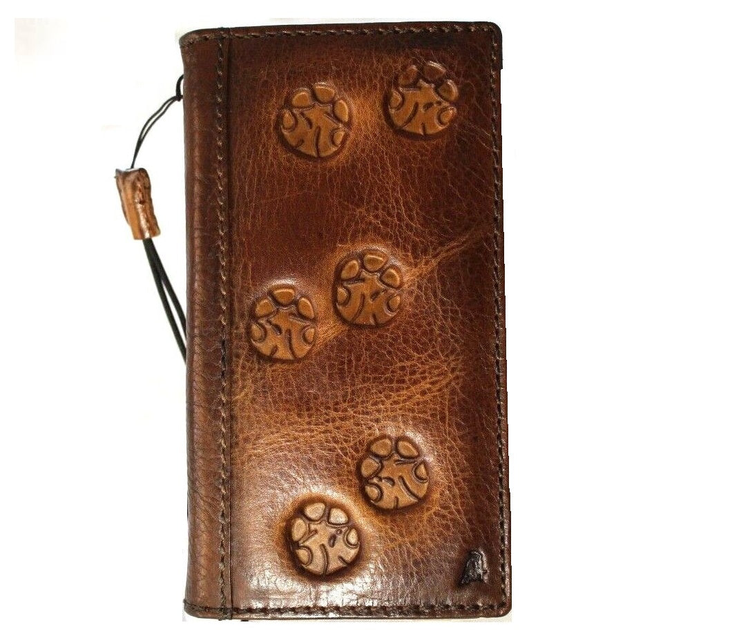 Handcrafted genuine leather wallet case for iPhone 11-15 Pro Max, with dog paw design, credit card slots, and vintage style by DAVISCASE.