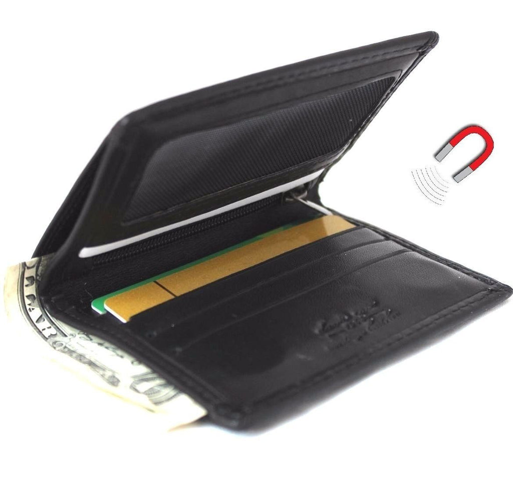 Men's black genuine leather mini wallet with card slots, coin zipper, and magnetic closure, soft and slim design.