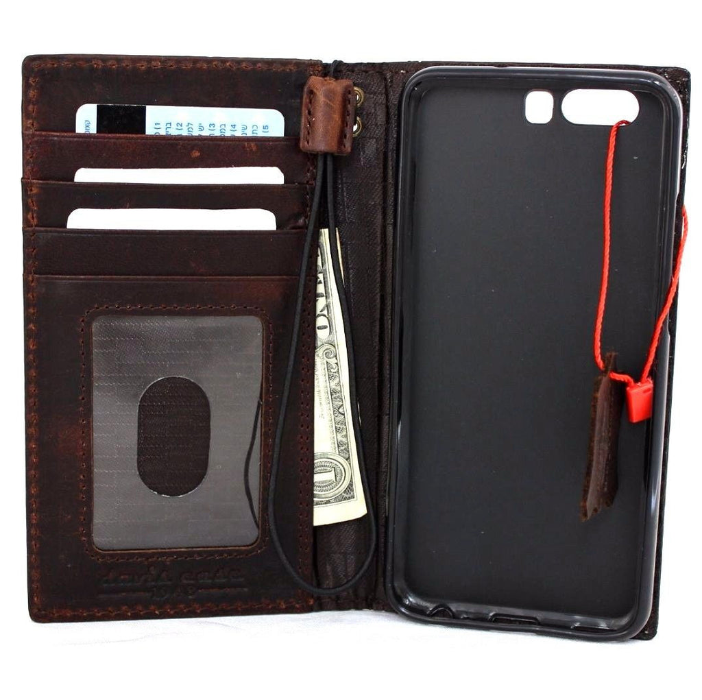 Handmade genuine leather case for Huawei P10, retro luxury book wallet style, by DAVISCASE, with precise cutouts for phone access.