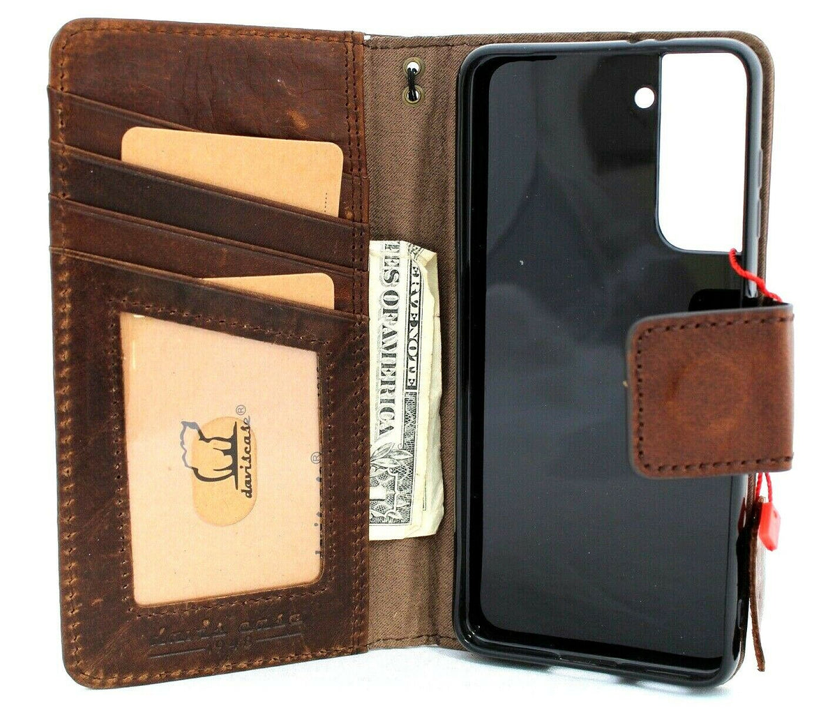 Genuine vintage leather Samsung Galaxy S21 wallet case with magnetic removable soft cover by DAVISCASE.
