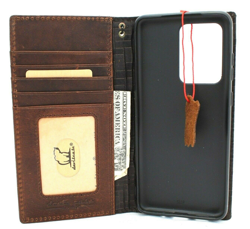 DavisCase genuine leather Galaxy S20 Ultra 5G wallet case with card slots, window, stand, and wireless charging compatibility.