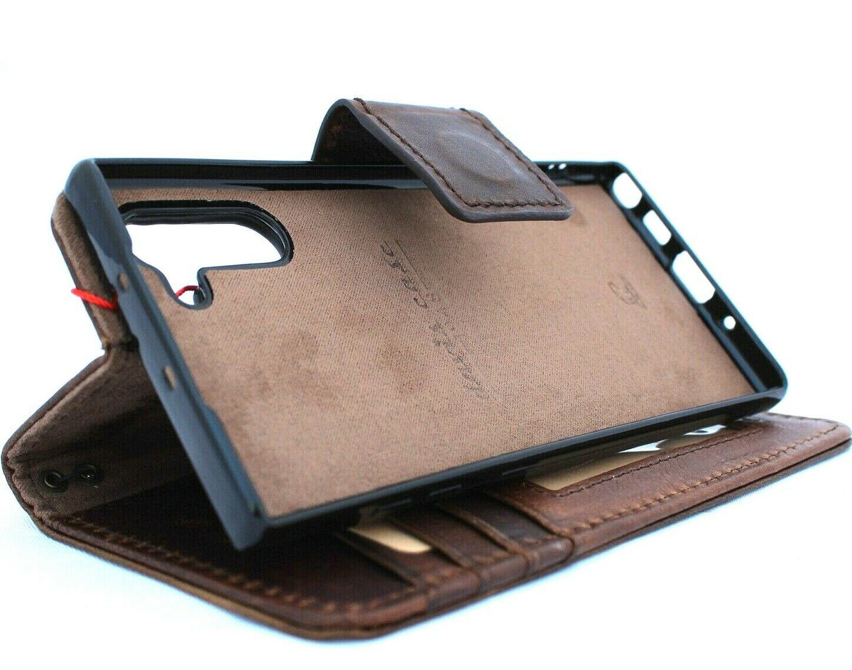 Handmade genuine leather Samsung Galaxy Note 10 wallet case with window, slim stand, and removable cover in black leather.