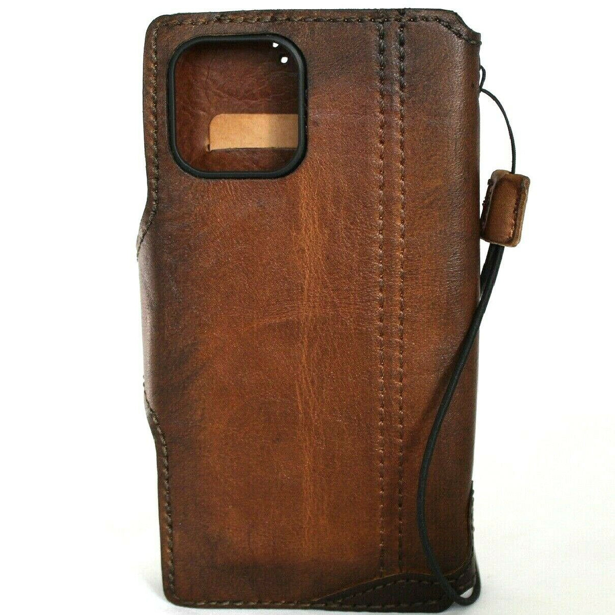 Handmade DAVISCASE genuine leather wallet phone case for iPhone 11-15 Pro Max, vintage soft cover with credit card slots.