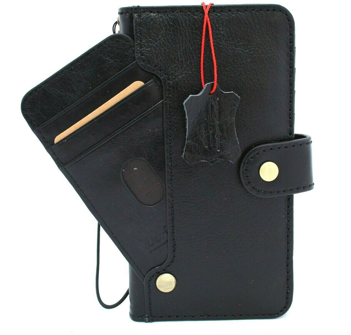DavisCase handmade leather phone case for iPhone 11-14 Pro Max and Galaxy S21 Ultra, vintage style wallet cover in full grain black leather.