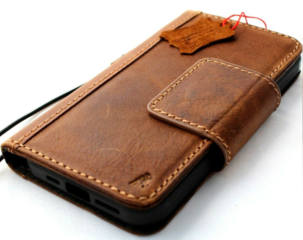 Genuine tan leather wallet case for iPhone 12 Pro by DAVISCASE, vintage style with ID window and credit card slots.