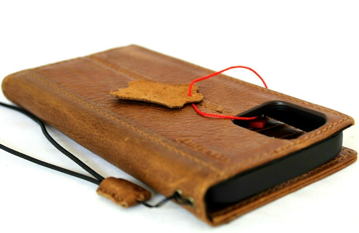 Genuine full tan leather iPhone 12 Pro Max case with wallet design, ID window, credit card slots, soft full grain DAVISCASE.