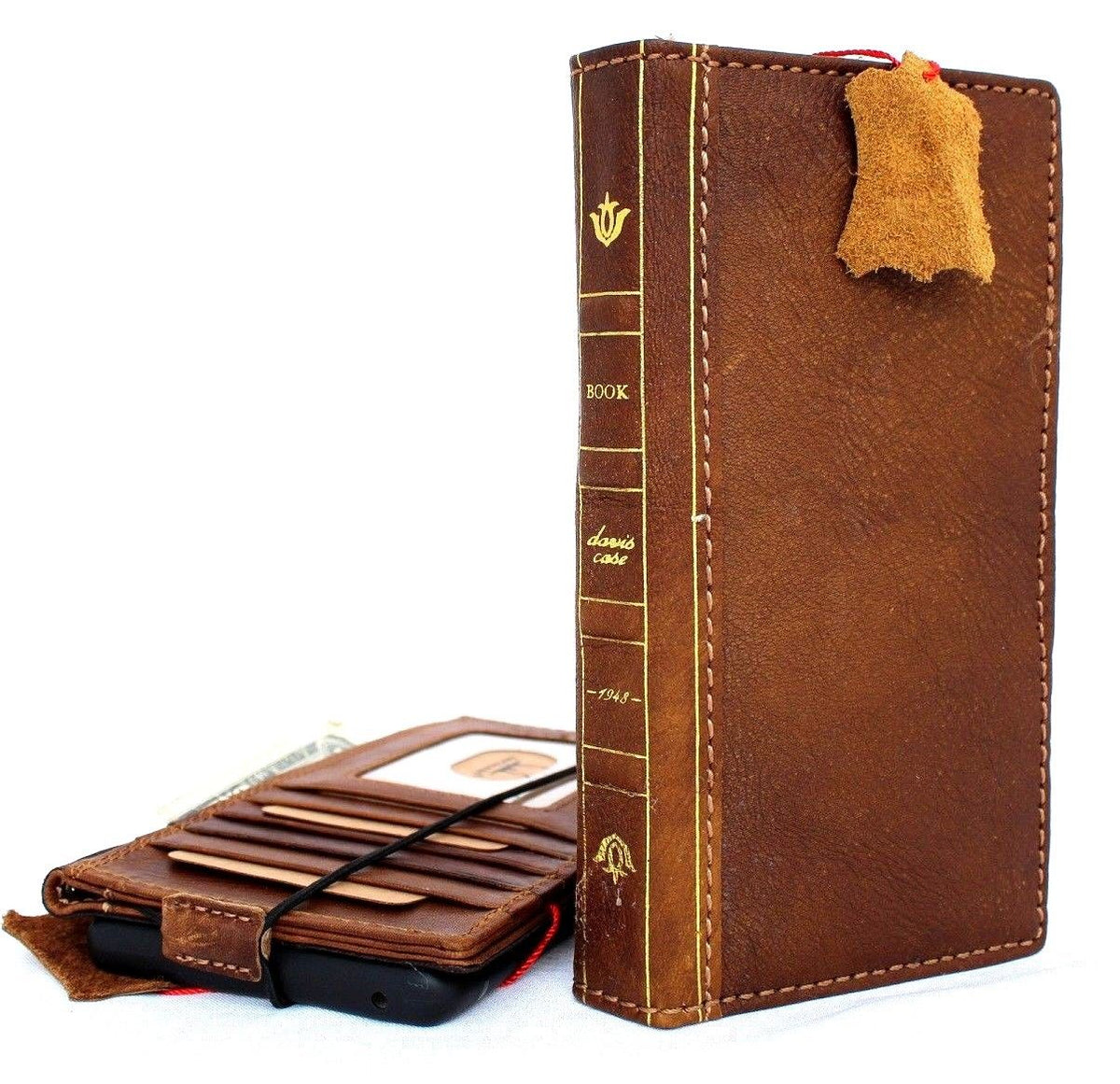 Vintage tan leather Samsung Galaxy Note 9 wallet case with card slots, slim design, handmade by DAVISCASE for wireless charging.