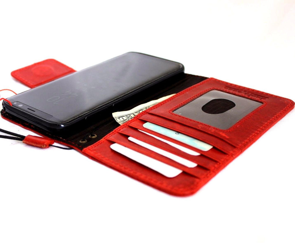 Vintage red genuine leather Samsung Galaxy S8 wallet case with magnetic closure, handmade phone cover with book-style design.