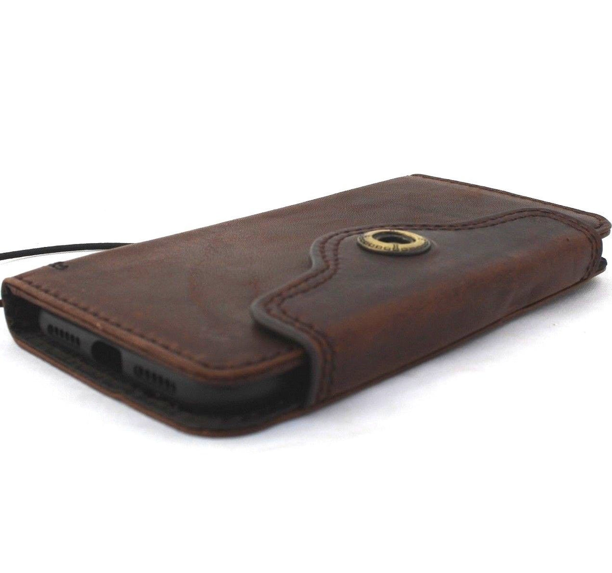 Bright brown genuine leather iPhone XS wallet case by DAVISCASE with card slots, slim design, and book-style closure.