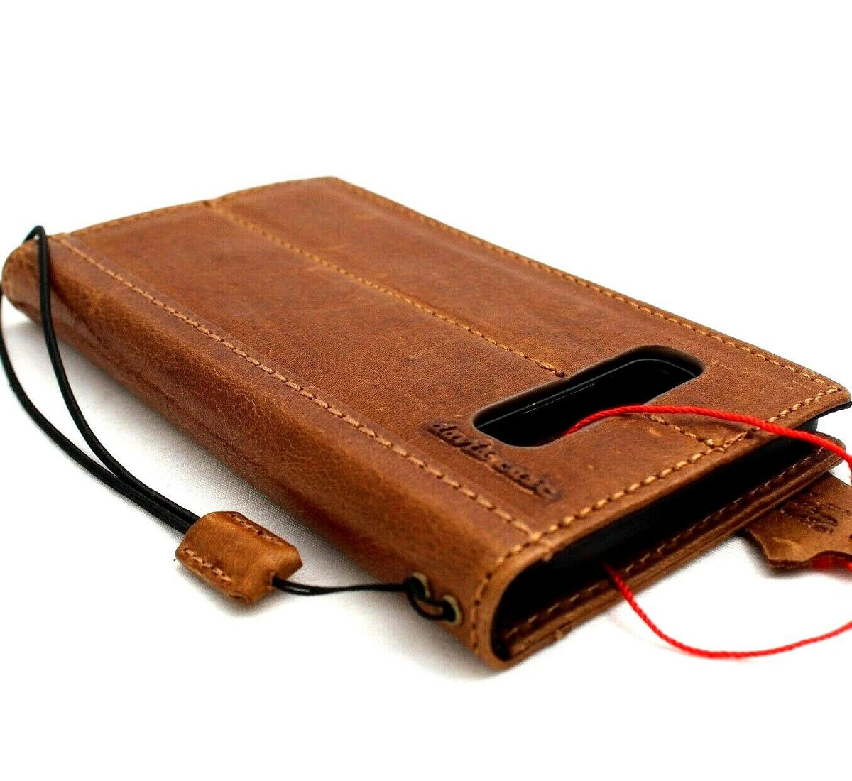 Tan genuine leather DAVISCASE wallet cover for Samsung Galaxy S10e with card slots, strap, and slim design.