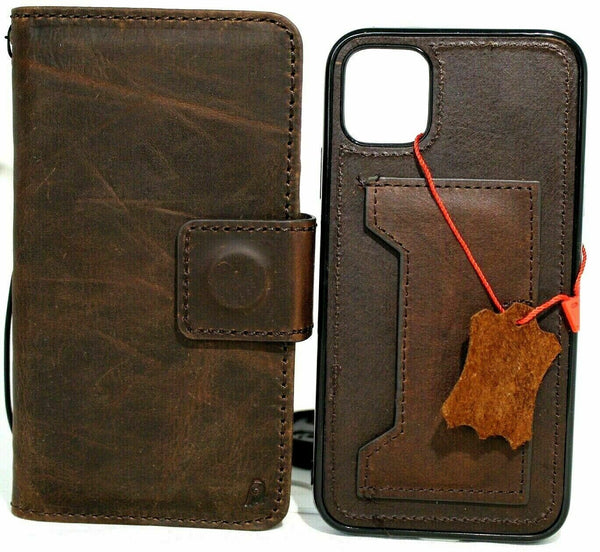 Genuine Natural Dark Leather case For Apple iPhone 11 Cover Wallet Credit cards ID window Holder Book Removable Prime Holder Soft Wireless Charging DavisCase