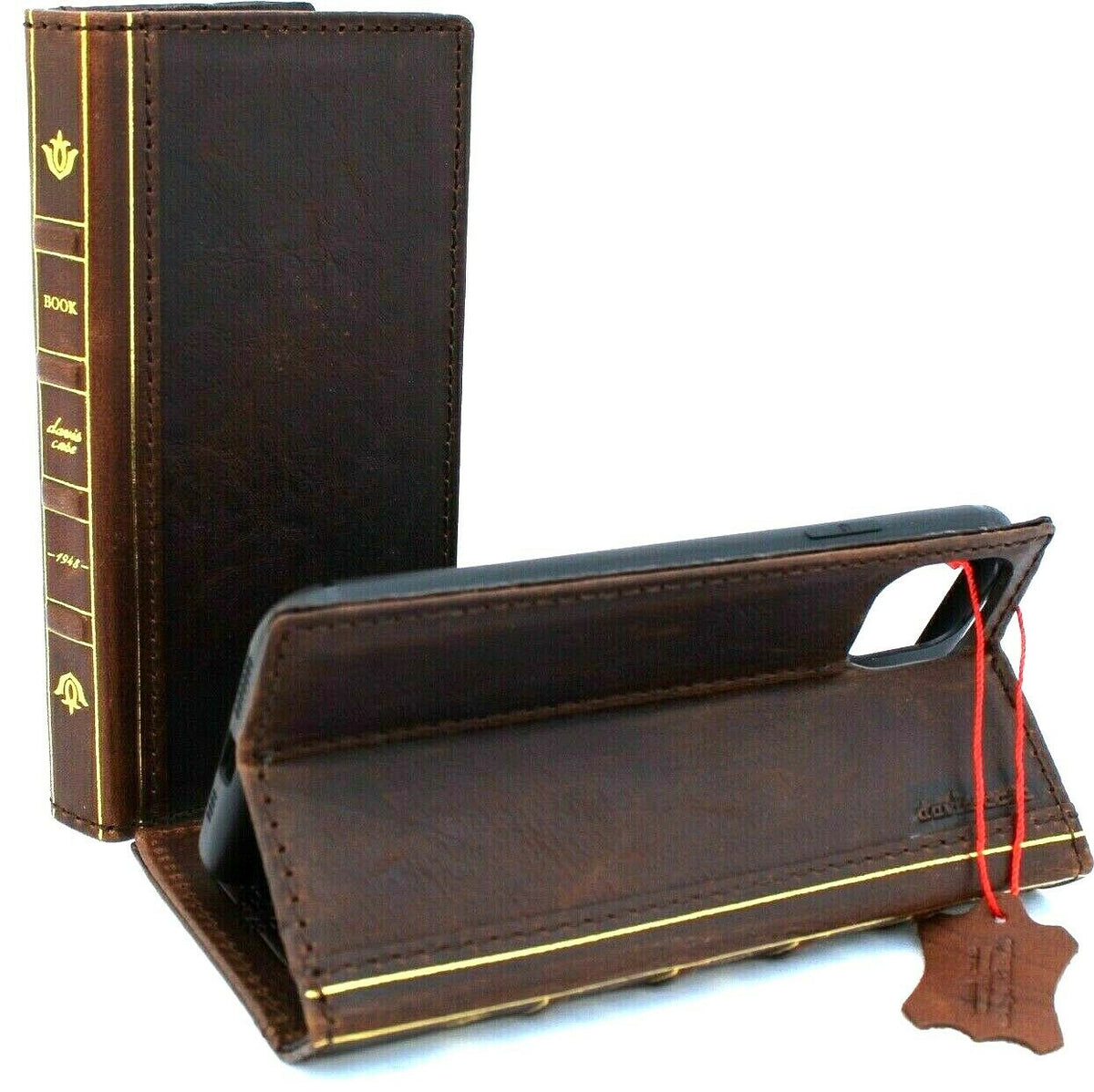 Handmade genuine leather iPhone 12 Pro case with vintage book design, wallet style with ID window and credit card slots by DAVISCASE.
