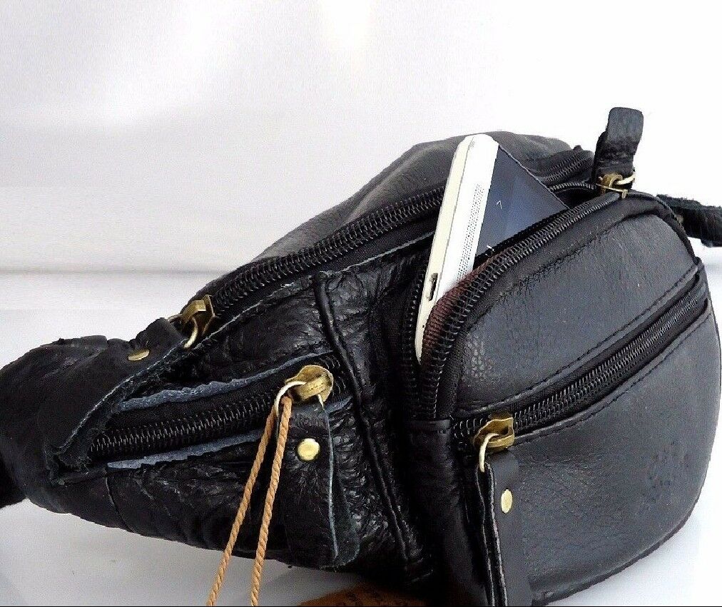 Black genuine vintage leather wallet bag by DAVISCASE, showing a men's waist pouch and sling backpack with coin and cellphone compartments.